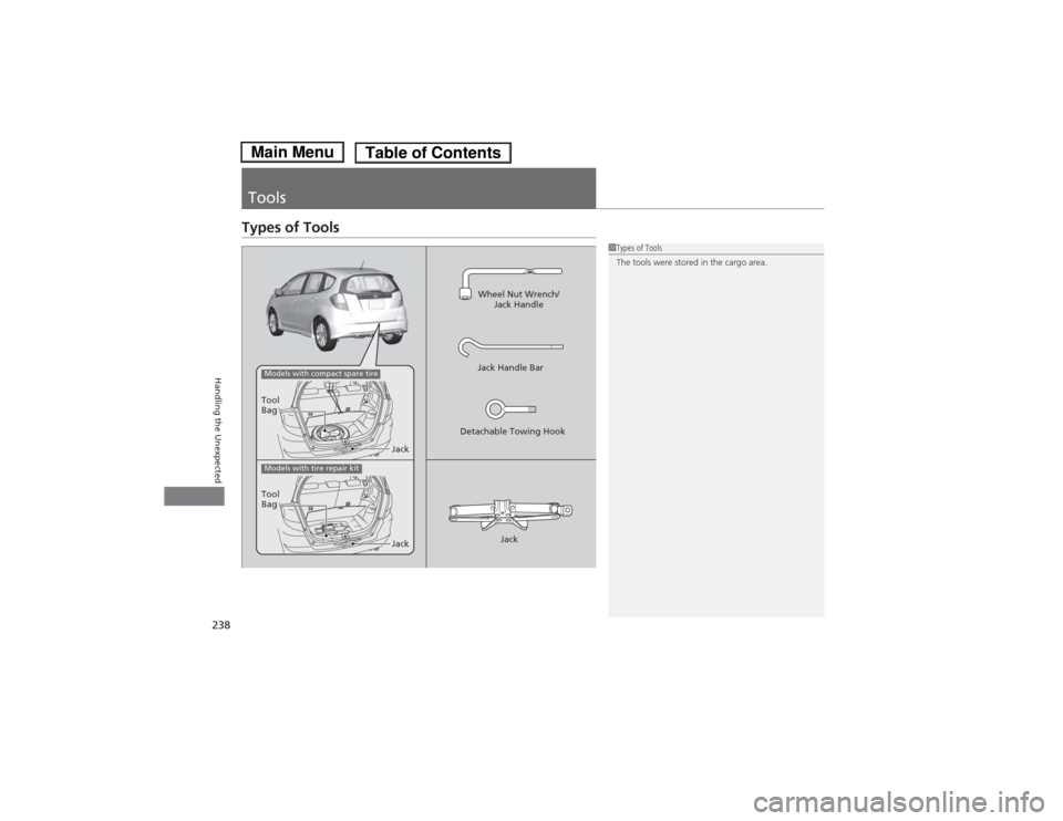 HONDA FIT 2014 3.G Owners Manual 238Handling the Unexpected
ToolsTypes of Tools
1Types of Tools
The tools were stored in the cargo area.
Wheel Nut Wrench/
Jack Handle
Jack Jack Handle Bar
Detachable Towing Hook
Tool 
Bag
Jack
Tool 
B