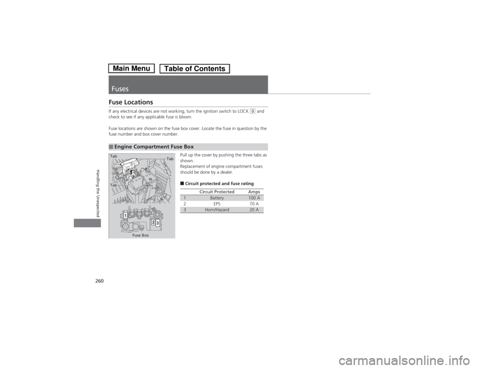 HONDA FIT 2014 3.G Owners Manual 260Handling the Unexpected
FusesFuse LocationsIf any electrical devices are not working, turn the ignition switch to LOCK 
(0 and 
check to see if any applicable fuse is blown.
Fuse locations are show