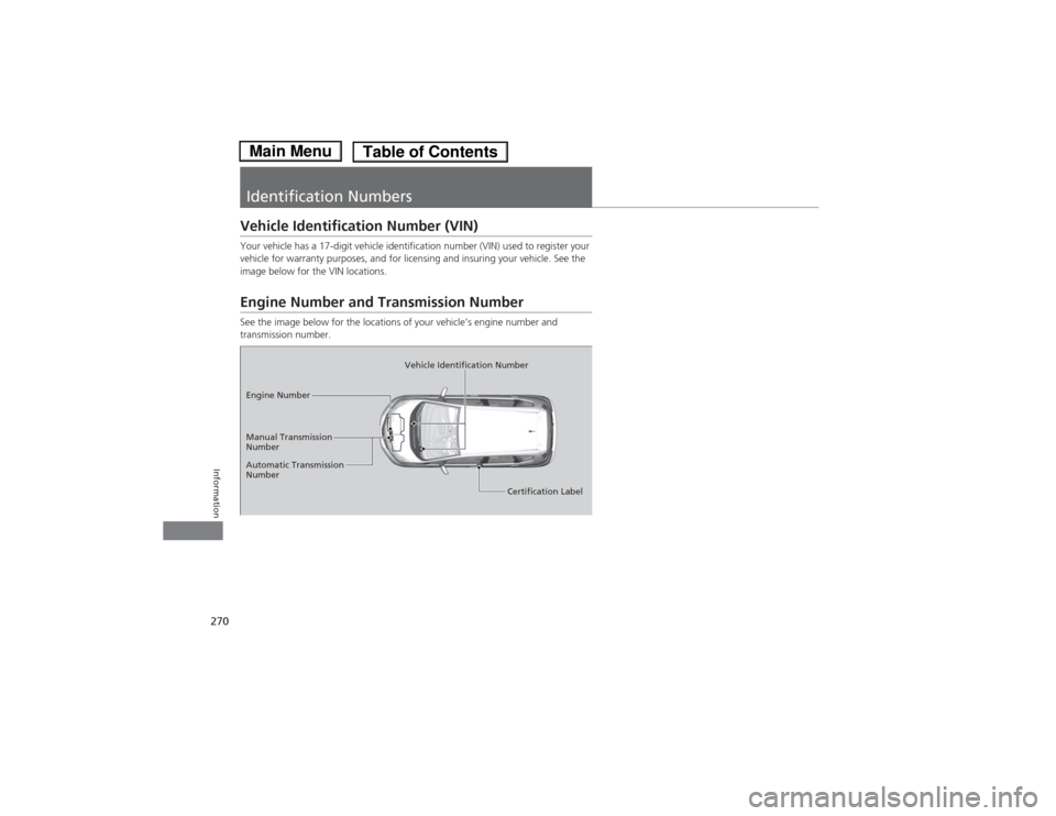 HONDA FIT 2014 3.G Owners Manual 270Information
Identification NumbersVehicle Identification Number (VIN)Your vehicle has a 17-digit vehicle identification number (VIN) used to register your 
vehicle for warranty purposes, and for li