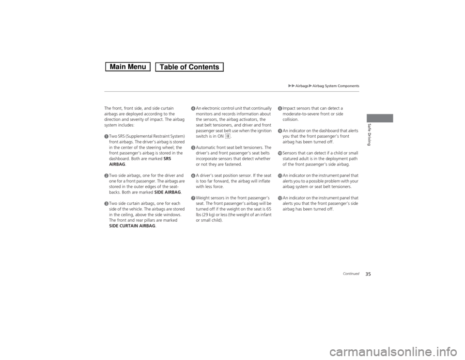 HONDA FIT 2014 3.G Owners Manual 35
uuAirbagsuAirbag System Components
Continued
Safe Driving
The front, front side, and side curtain 
airbags are deployed according to the 
direction and severity of impact. The airbag 
system includ