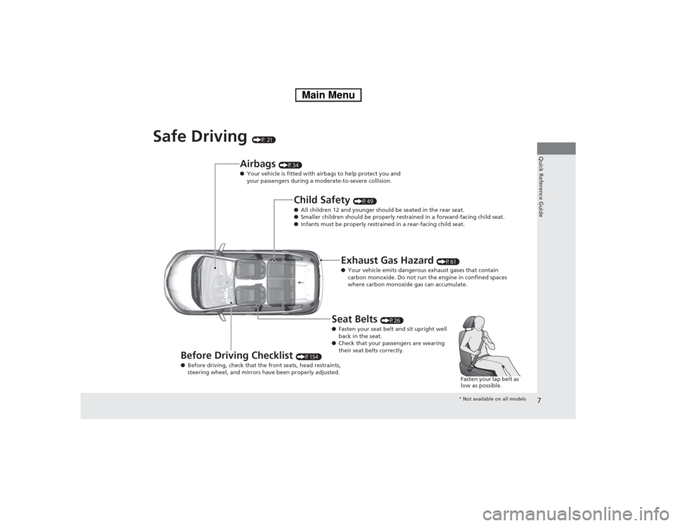 HONDA FIT 2014 3.G Owners Manual 7Quick Reference Guide
Safe Driving 
(P 21)
Airbags 
(P34)
●Your vehicle is fitted with airbags to help protect you and 
your passengers during a moderate-to-severe collision.
Child Safety 
(P49)
�