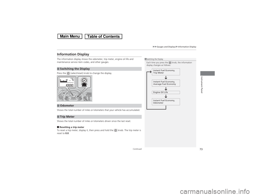 HONDA FIT 2014 3.G Owners Manual 73
uuGauges and DisplaysuInformation Display
Continued
Instrument Panel
Information DisplayThe information display shows the odometer, trip meter, engine oil life and 
maintenance service item codes, 