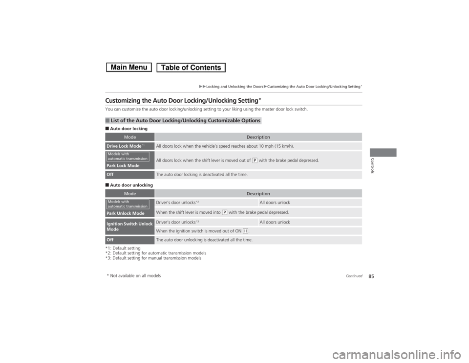 HONDA FIT 2014 3.G Owners Manual 85
uuLocking and Unlocking the DoorsuCustomizing the Auto Door Locking/Unlocking Setting
*
Continued
Controls
Customizing the Auto Door Locking/Unlocking Setting
*
You can customize the auto door lock