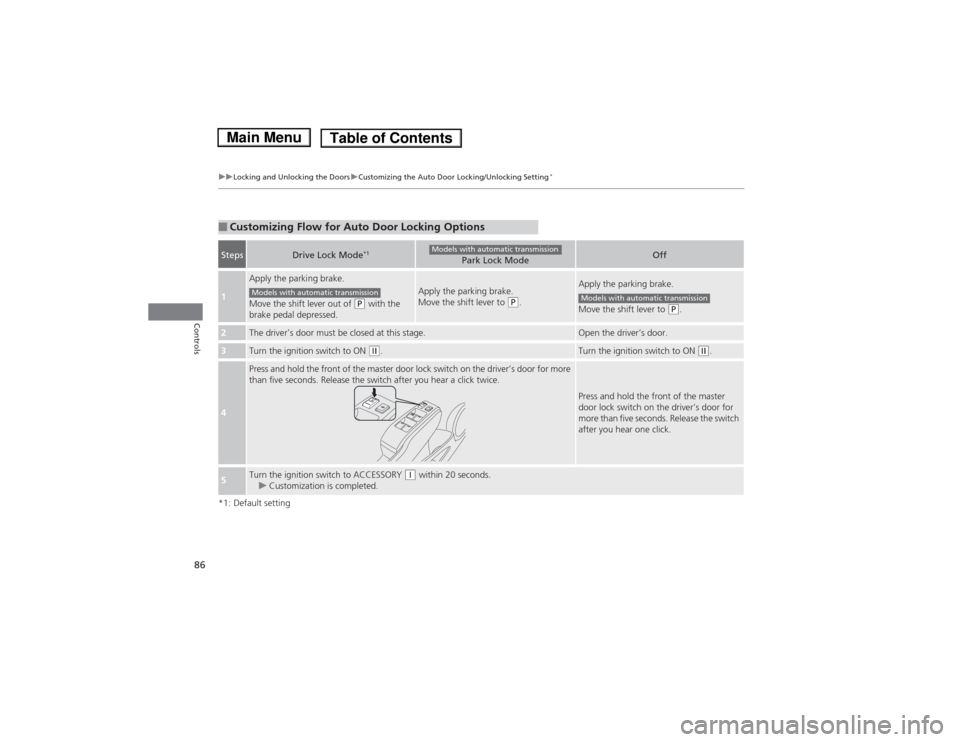 HONDA FIT 2014 3.G Owners Manual 86
uuLocking and Unlocking the DoorsuCustomizing the Auto Door Locking/Unlocking Setting
*
Controls
*1: Default setting■Customizing Flow for Auto Door Locking OptionsSteps
Drive Lock Mode
*1
Park Lo