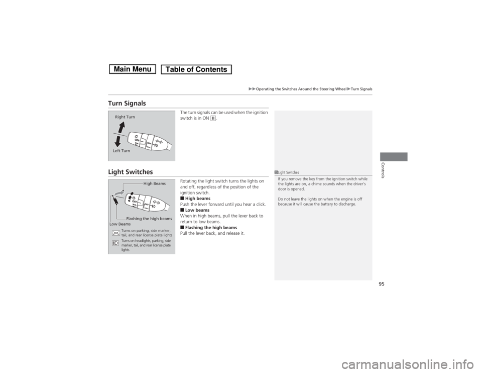 HONDA FIT 2014 3.G Owners Manual 95
uuOperating the Switches Around the Steering WheeluTurn Signals
Controls
Turn Signals
The turn signals can be used when the ignition 
switch is in ON 
(w.
Light Switches
Rotating the light switch t