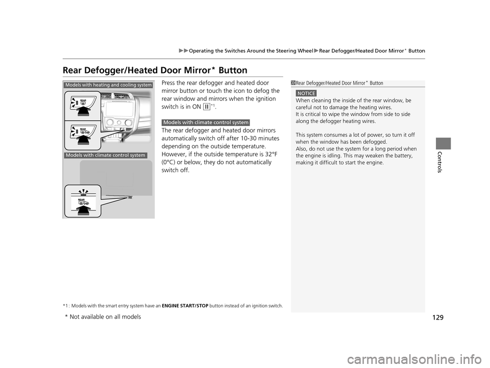 HONDA FIT 2015 3.G Owners Manual 129
uuOperating the Switches Around the Steering Wheel uRear Defogger/Heated Door Mirror* Button
Controls
Rear Defogger/Heated Door Mirror* Button
Press the rear defogger and heated door 
mirror butto