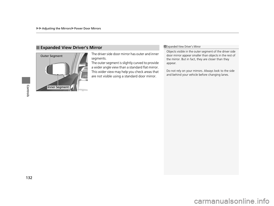 HONDA FIT 2015 3.G Owners Manual uuAdjusting the Mirrors uPower Door Mirrors
132
Controls
The driver side door mirror has outer and inner 
segments.
The outer segment is slig htly curved to provide 
a wider angle view than a standard