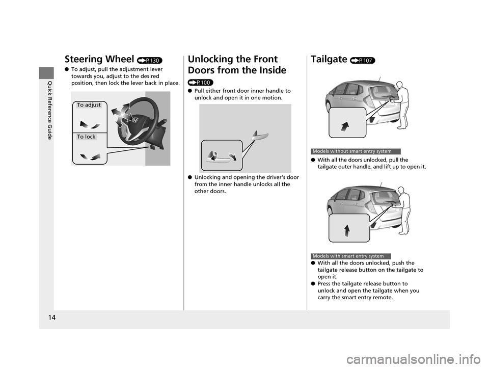 HONDA FIT 2015 3.G Owners Manual 14
Quick Reference Guide
Steering Wheel (P130)
● To adjust, pull the adjustment lever 
towards you, adjust to the desired 
position, then lock the lever back in place.
To adjust
To lock
Unlocking th