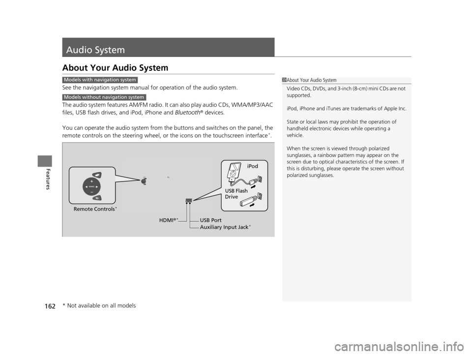 HONDA FIT 2015 3.G Owners Manual 162
Features
Audio System
About Your Audio System
See the navigation system manual for operation of the audio system.
The audio system features AM/FM radio.  It can also play audio CDs, WMA/MP3/AAC 
f