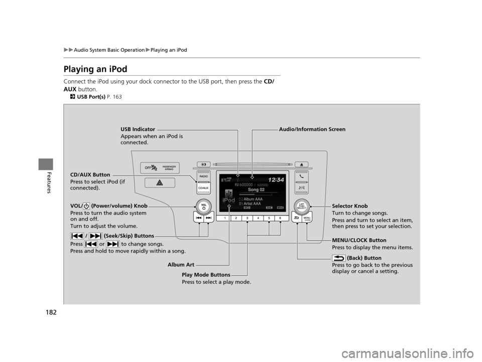 HONDA FIT 2015 3.G Owners Manual 182
uuAudio System Basic Operation uPlaying an iPod
Features
Playing an iPod
Connect the iPod using your dock connector to the USB port, then press the  CD/
AUX  button.
2USB Port(s)  P. 163
USB Indic