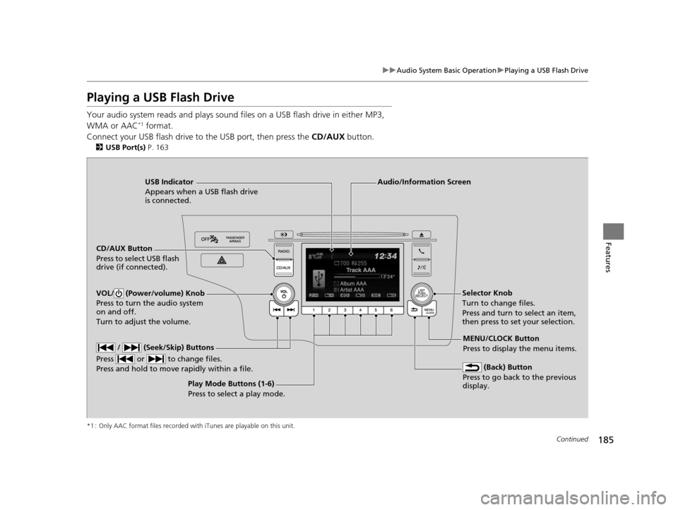 HONDA FIT 2015 3.G Owners Manual 185
uuAudio System Basic Operation uPlaying a USB Flash Drive
Continued
Features
Playing a USB Flash Drive
Your audio system reads and plays sound files on a USB flash drive in either MP3,
WMA or AA HONDA FIT 2015 3.G Owners Manual 185
uuAudio System Basic Operation uPlaying a USB Flash Drive
Continued
Features
Playing a USB Flash Drive
Your audio system reads and plays sound files on a USB flash drive in either MP3,
WMA or AA