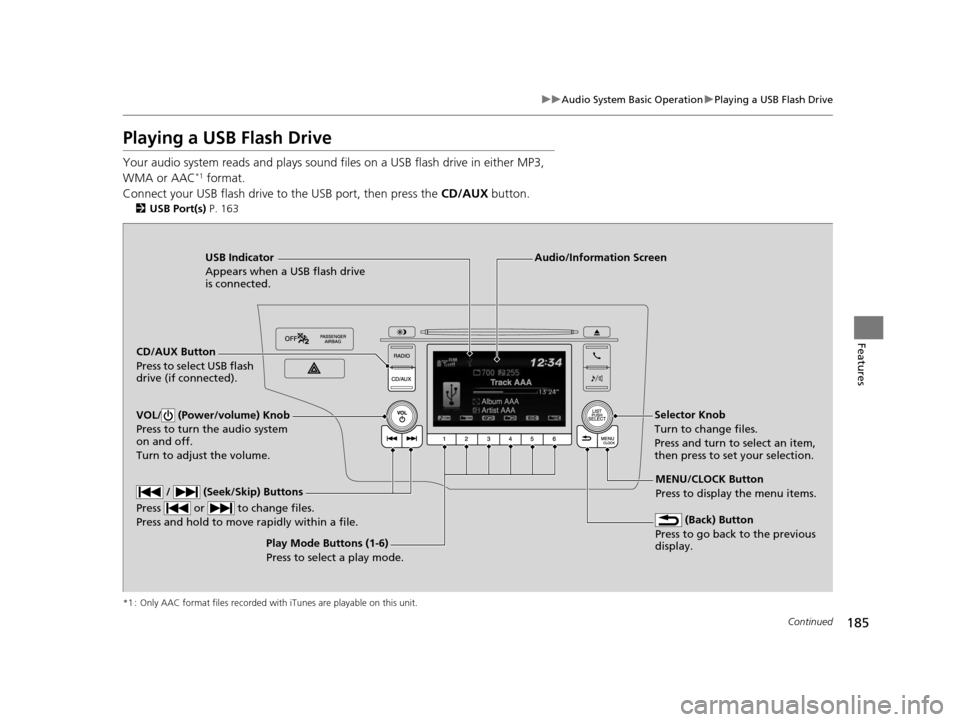 HONDA FIT 2015 3.G Owners Manual 185
uuAudio System Basic Operation uPlaying a USB Flash Drive
Continued
Features
Playing a USB Flash Drive
Your audio system reads and  plays sound files on a USB flash drive in either MP3, 
WMA or AA
