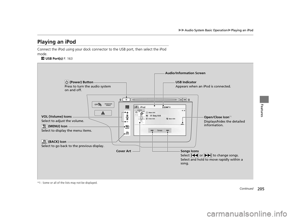 HONDA FIT 2015 3.G Owners Manual 205
uuAudio System Basic Operation uPlaying an iPod
Continued
Features
Playing an iPod
Connect the iPod using your dock connector to the USB port, then select the iPod
mode.
2 USB Port(s) P. 163
*1 HONDA FIT 2015 3.G Owners Manual 205
uuAudio System Basic Operation uPlaying an iPod
Continued
Features
Playing an iPod
Connect the iPod using your dock connector to the USB port, then select the iPod
mode.
2 USB Port(s) P. 163
*1