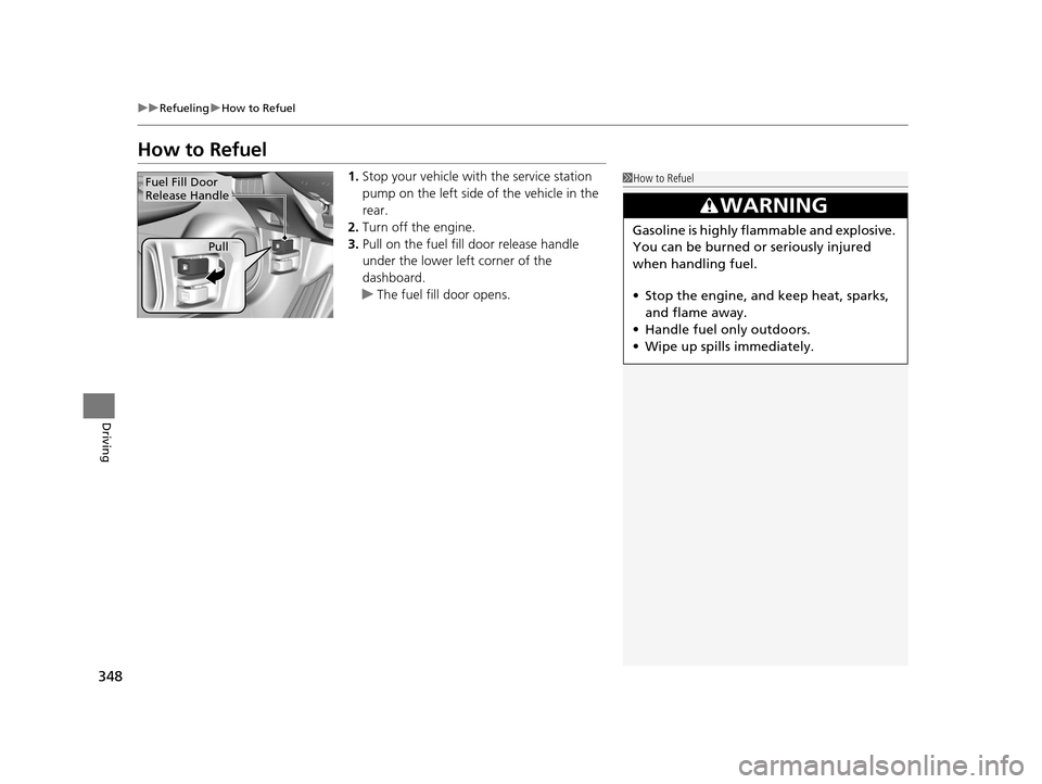 HONDA FIT 2015 3.G Owners Manual 348
uuRefueling uHow to Refuel
Driving
How to Refuel
1. Stop your vehicle with the service station 
pump on the left side of the vehicle in the 
rear.
2. Turn off the engine.
3. Pull on the fuel fill 