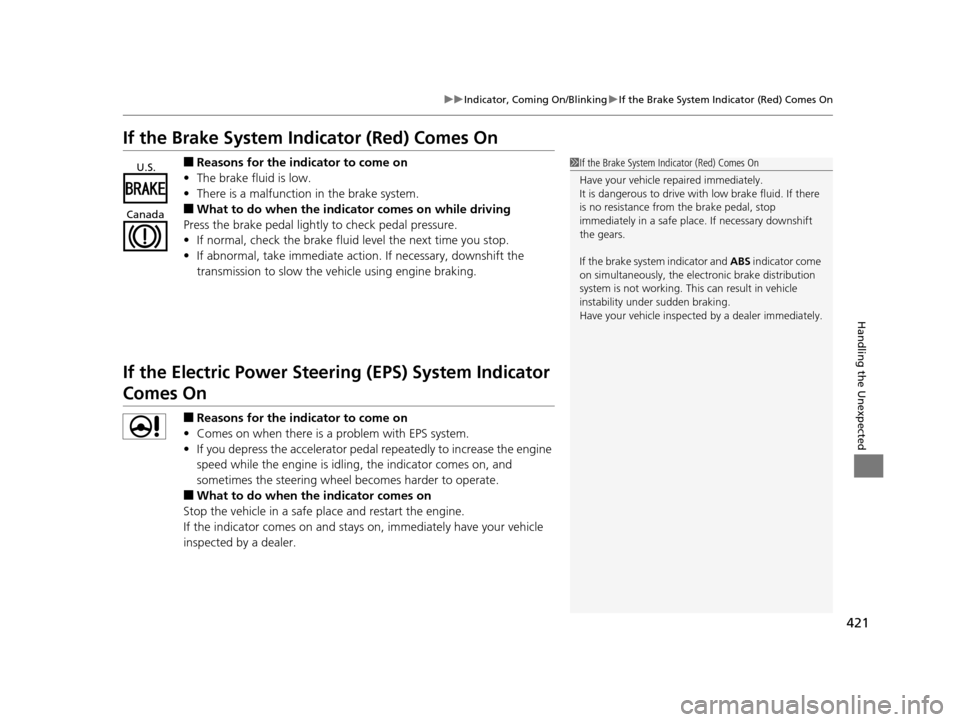 HONDA FIT 2015 3.G Owners Manual 421
uuIndicator, Comin g On/BlinkinguIf the Brake System Indicator (Red) Comes On
Handling the Unexpected
If the Brake System Indicator (Red) Comes On
■Reasons for the indicator to come on
• The b