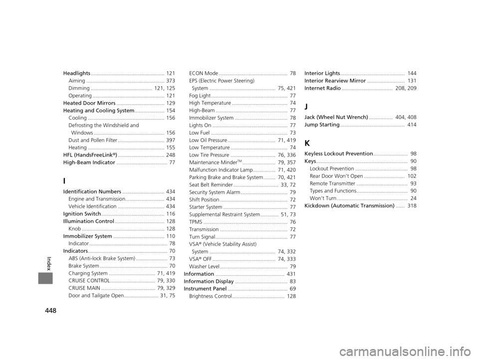 HONDA FIT 2015 3.G Owners Manual 448
Index
Headlights................................................. 121
Aiming .................................................... 373
Dimming .........................................  121, 125
Op
