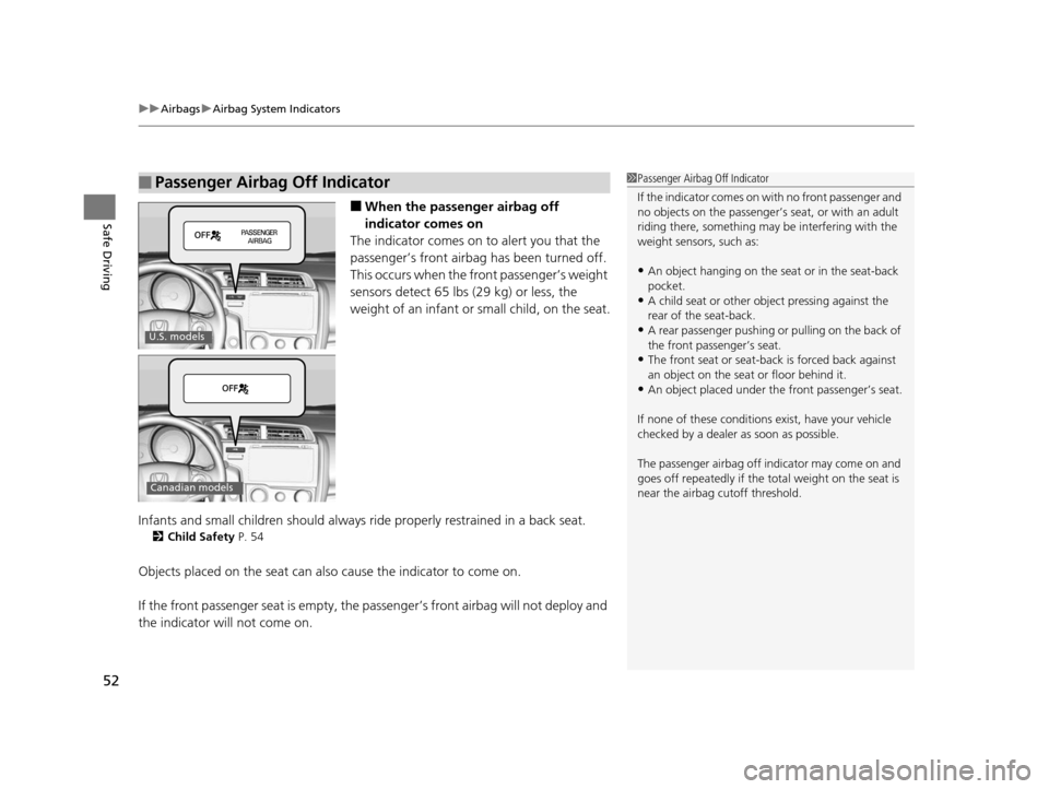 HONDA FIT 2015 3.G Owners Manual uuAirbags uAirbag System Indicators
52
Safe Driving■When the passen ger airbag off 
indicator comes on
The indicator comes on  to alert you that the 
passenger’s front airbag  has been turned off.