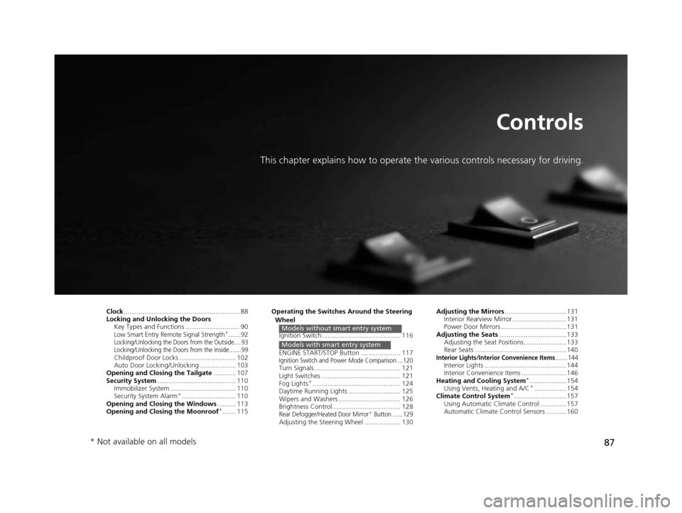 HONDA FIT 2015 3.G Owners Manual 87
Controls
This chapter explains how to operate the various controls necessary for driving.
Clock.............................................................. 88
Locking and Unlocking the Doors Key 