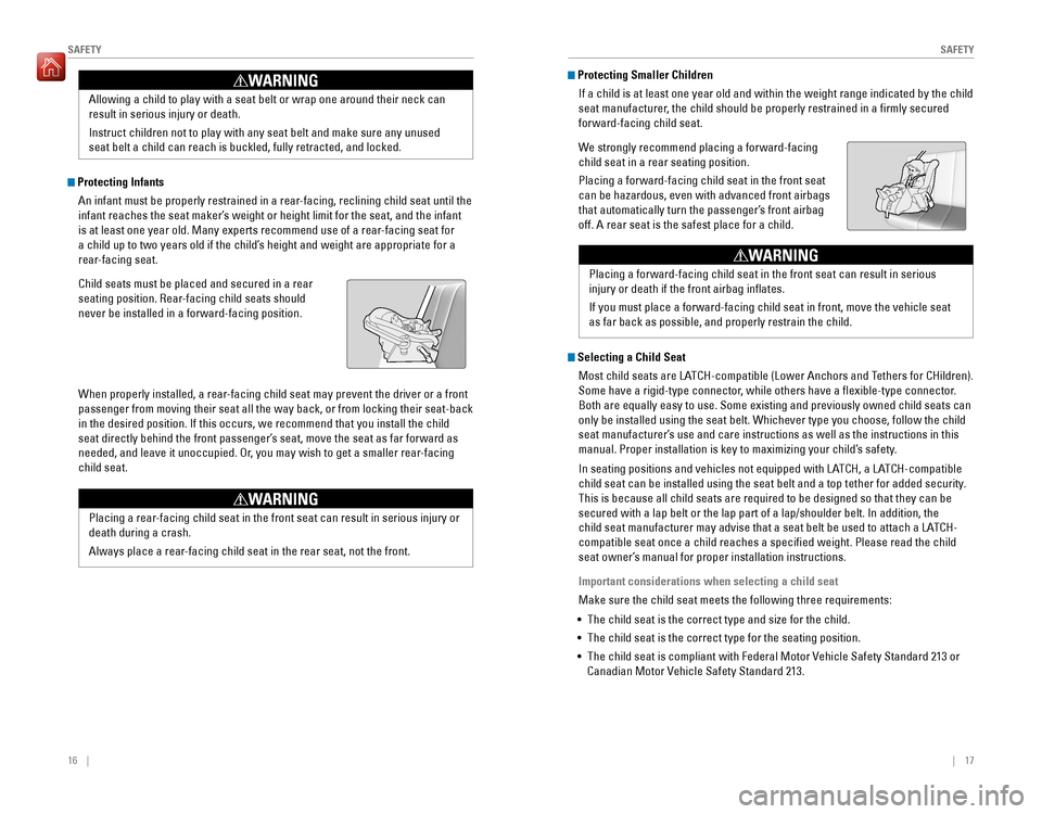 HONDA FIT 2016 3.G Quick Guide 16 || 17
S
AFETY
SAFETY
Protecting Infants
An infant must be properly restrained in a rear-facing, reclining child seat until the 
infant reaches the seat ma HONDA FIT 2016 3.G Quick Guide 16 || 17
S
AFETY
SAFETY
Protecting Infants
An infant must be properly restrained in a rear-facing, reclining child seat until the 
infant reaches the seat ma