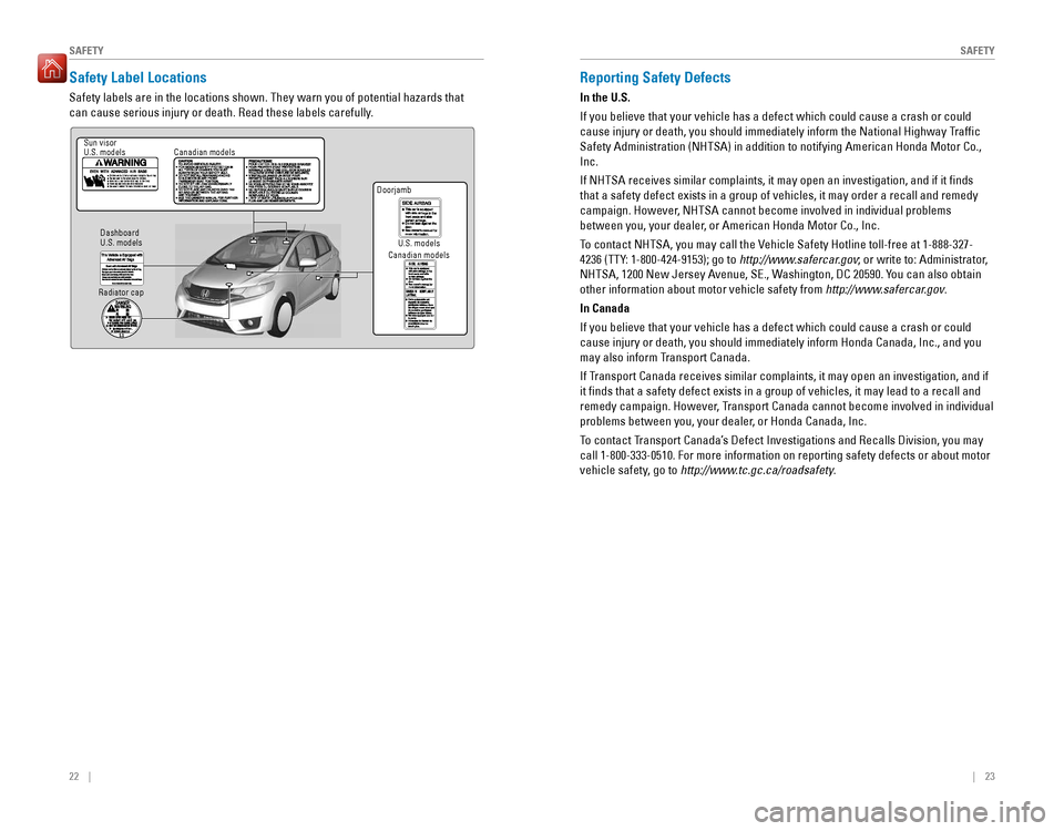HONDA FIT 2016 3.G Quick Guide 22 || 23
S
AFETY
SAFETY
Safety Label Locations
Safety labels are in the locations shown. They warn you of potential hazards that 
can cause serious inju HONDA FIT 2016 3.G Quick Guide 22 || 23
S
AFETY
SAFETY
Safety Label Locations
Safety labels are in the locations shown. They warn you of potential hazards that 
can cause serious inju