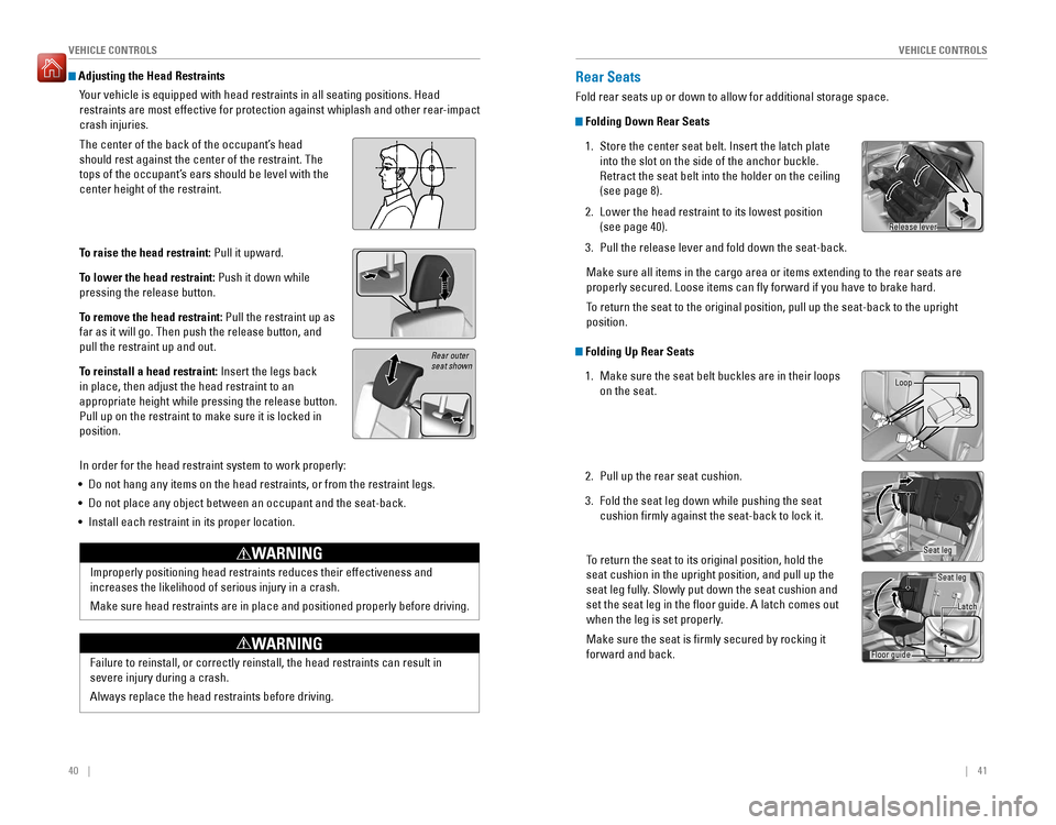 HONDA FIT 2016 3.G Quick Guide 40    ||    41
       V
EHICLE CONTROLS
VEHICLE CONTROLS
Improperly positioning head restraints reduces their effectiveness and  increases the likelihood of serious injury in a crash. 