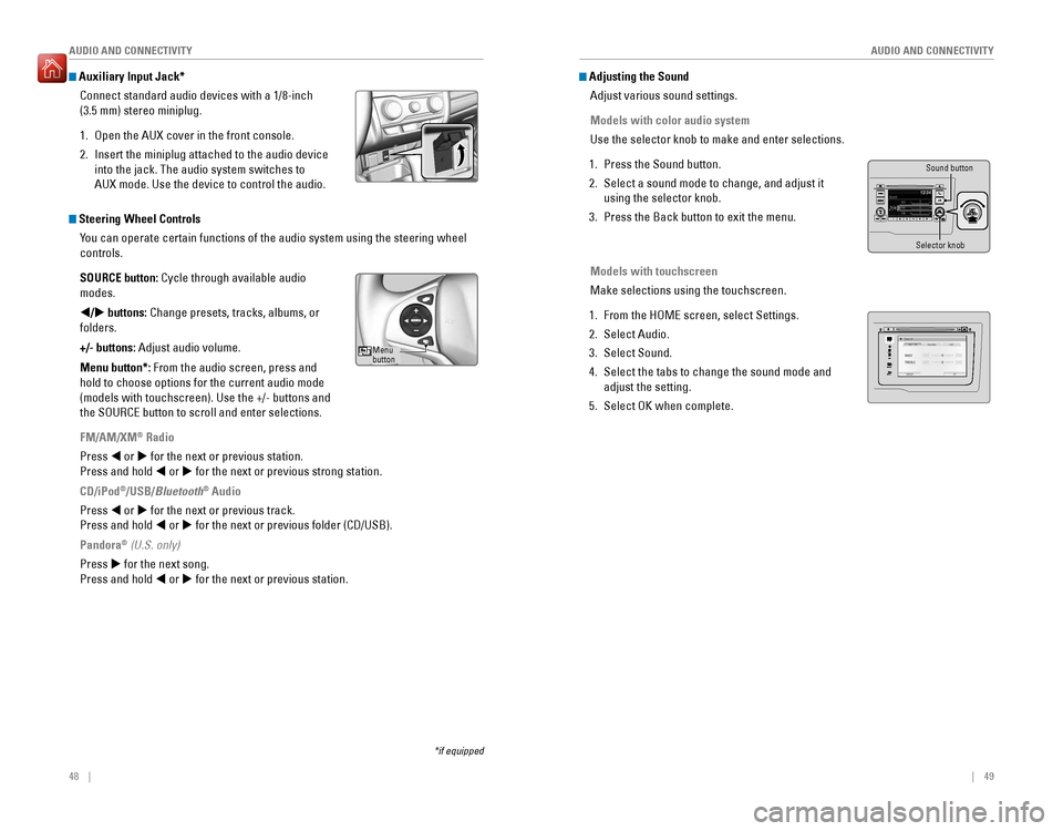 HONDA FIT 2016 3.G Quick Guide 48    ||    49
       AUDIO AND CONNECTIVITY
AUDIO AND CONNECTIVITY
*if equipped
 Auxiliary Input Jack*
Connect standard audio devices with a 1/8-inch   
(3.5 mm) stereo miniplug.
1.  