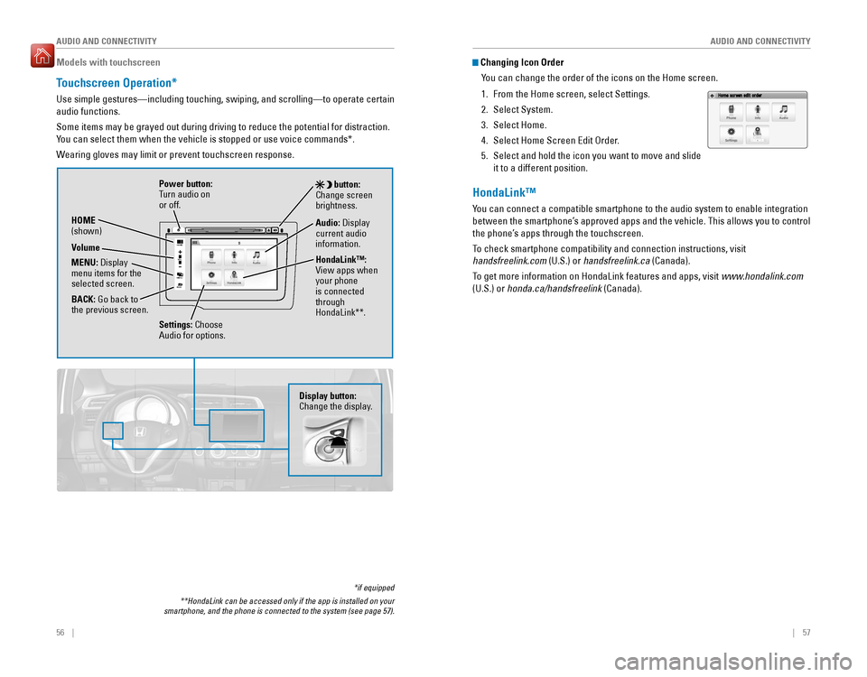 HONDA FIT 2016 3.G Quick Guide 56    ||    57
       AUDIO AND CONNECTIVITY
AUDIO AND CONNECTIVITY
Models with touchscreen
Touchscreen Operation*
Use simple gestures—including touching, swiping, and scrolling—to operate certain