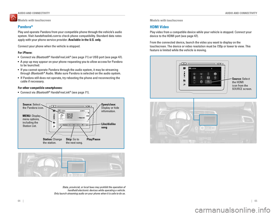 HONDA FIT 2016 3.G Quick Guide 64    ||    65
       AUDIO AND CONNECTIVITY
AUDIO AND CONNECTIVITY
Models with touchscreen
Pandora ®
Play and operate Pandora from your compatible phone through the vehicle’s�