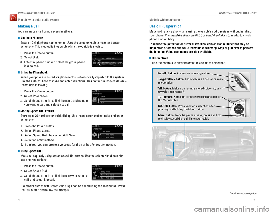 HONDA FIT 2016 3.G Quick Guide 68    ||    69
       
BLUETOOTH ®
 HANDSFREELINK ®
BLUETOOTH ®
 HANDSFREELINK ®
Models with color audio system
Making a Call
You can make a call using several methods. 
 Dialing a Number
Enter 