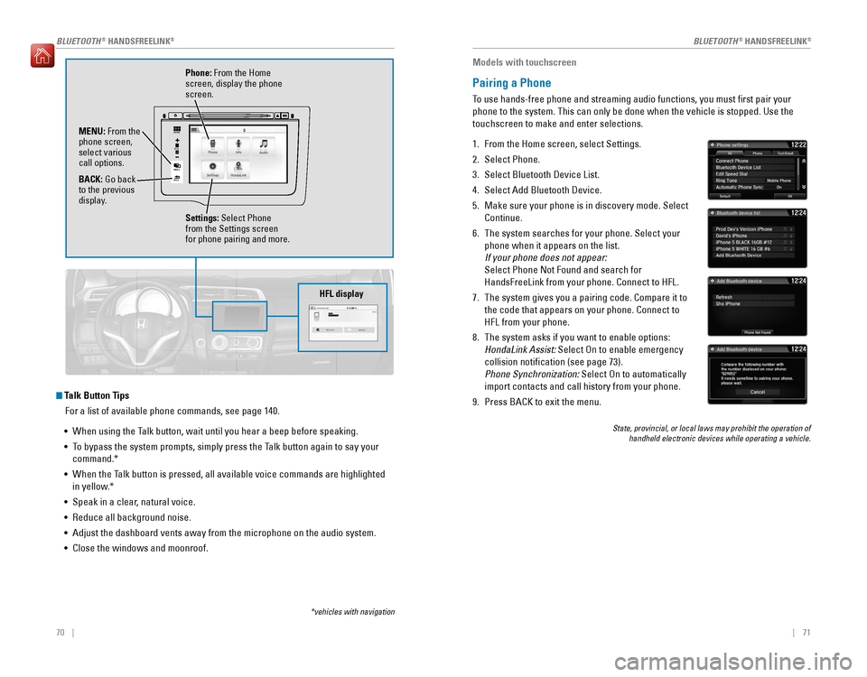 HONDA FIT 2016 3.G Quick Guide 70    ||    71
       
BLUETOOTH ®
 HANDSFREELINK ®
BLUETOOTH ®
 HANDSFREELINK ®
 Talk Button Tips
For a list of available phone commands, see page 140.
•  When using the