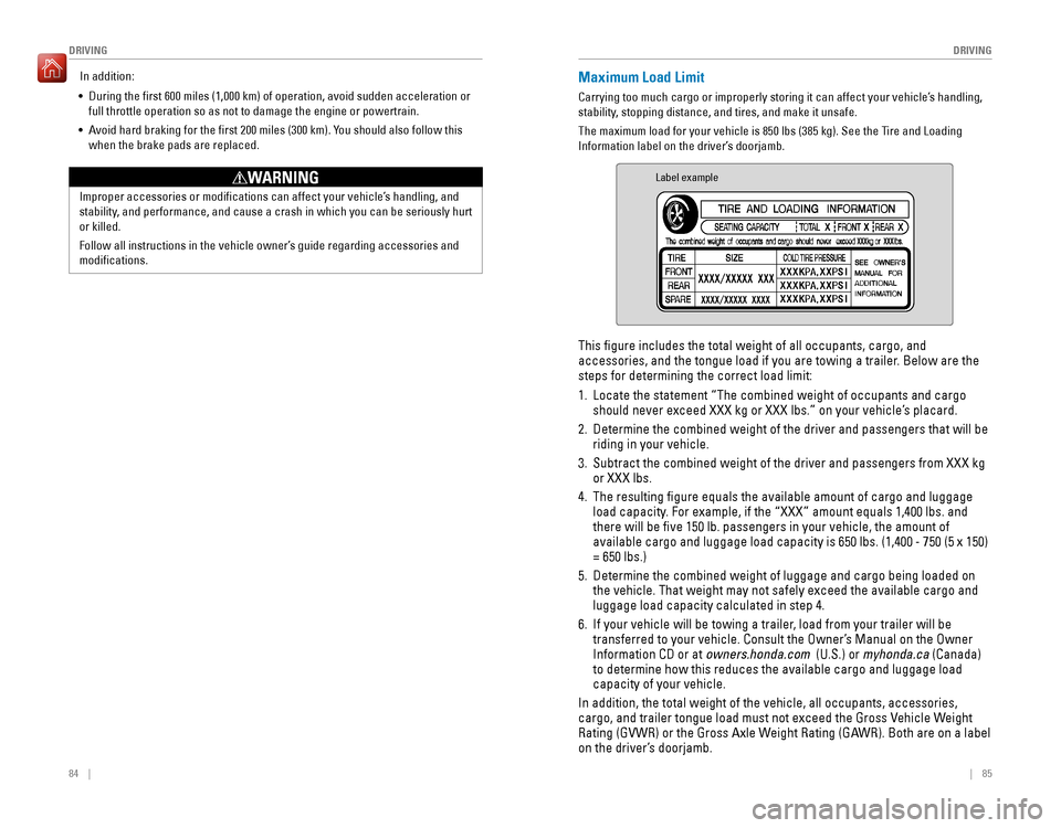 HONDA FIT 2016 3.G Quick Guide 84    ||    85
       DRIVING
DRIVING
Improper accessories or modiications can affect your vehicle’s handling, and  
stability, and performance, and cause a crash i