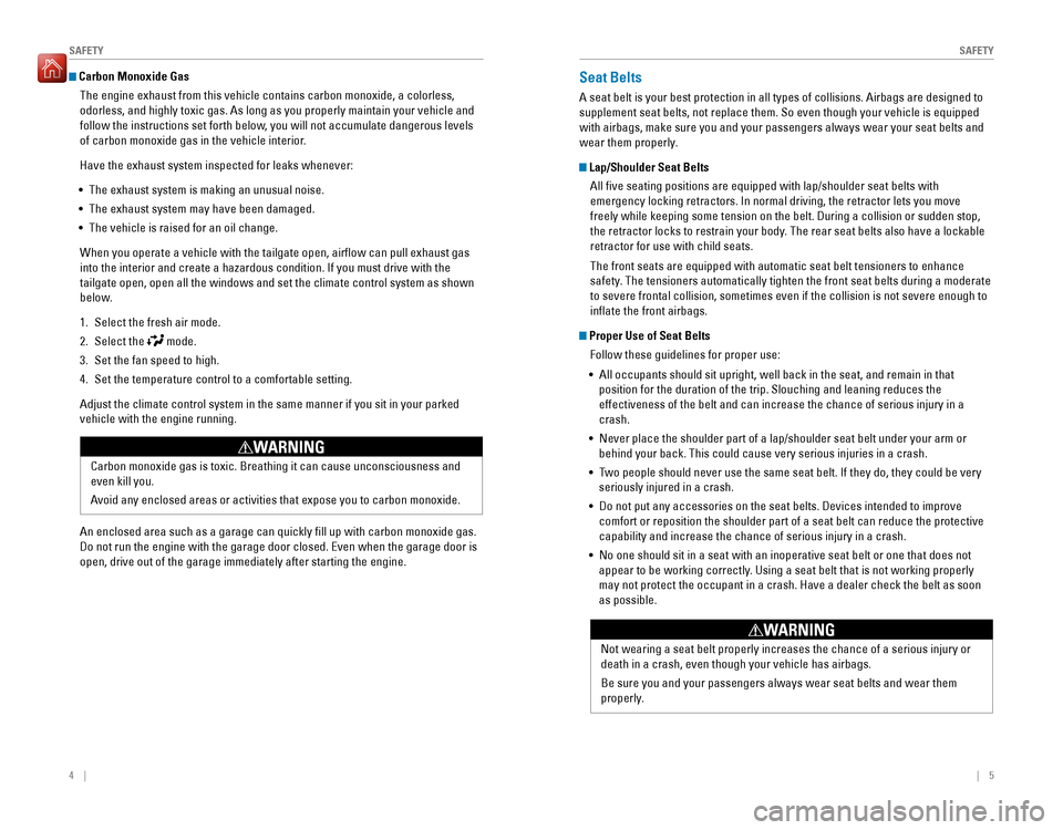 HONDA FIT 2016 3.G Quick Guide 4    ||    5
       S
AFETY
SAFETY
 Carbon Monoxide Gas
The engine exhaust from this vehicle contains carbon monoxide, a colorless,  
odorless, and highly toxic gas. As long as y