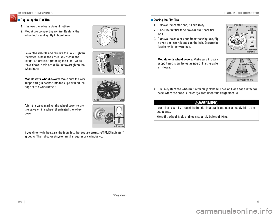 HONDA FIT 2016 3.G Quick Guide 106    ||    107
       HANDLING THE UNEXPECTED
HANDLING THE UNEXPECTED
 Replacing the Flat Tire
1.  Remove the wheel nuts and �at tire. 
2.  Mount the compact spare tire. Replace the 
wheel nuts, and
