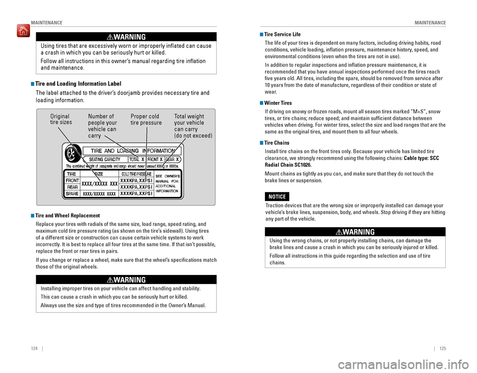 HONDA FIT 2016 3.G Quick Guide 124    ||    125
       MAINTENANCE
MAINTENANCE
  Tire and Loading Information Label
The label attached to the driver’s doorjamb provides necessary tire and  loading informatio