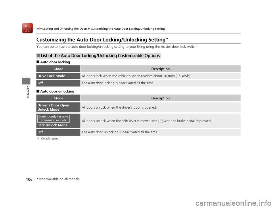 HONDA FIT 2017 3.G Owners Manual 106
uuLocking and Unlocking the Doors uCustomizing the Auto Door Locking/Unlocking Setting*
Controls
Customizing the Auto Door Locking/Unlocking Setting*
You can customize the auto door locking/unloc HONDA FIT 2017 3.G Owners Manual 106
uuLocking and Unlocking the Doors uCustomizing the Auto Door Locking/Unlocking Setting*
Controls
Customizing the Auto Door Locking/Unlocking Setting*
You can customize the auto door locking/unloc