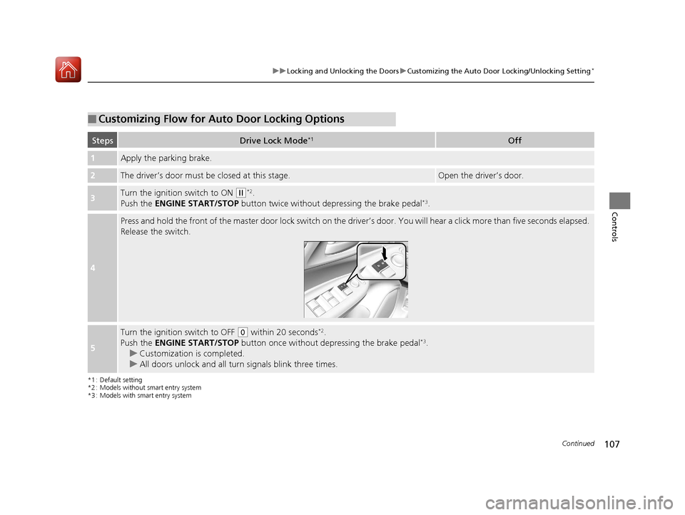 HONDA FIT 2017 3.G Owners Manual 107
uuLocking and Unlocking the Doors uCustomizing the Auto Door Locking/Unlocking Setting*
Continued
Controls
*1 : Default setting
*2 : Models without smart entry system
*3 : Models with smart entry HONDA FIT 2017 3.G Owners Manual 107
uuLocking and Unlocking the Doors uCustomizing the Auto Door Locking/Unlocking Setting*
Continued
Controls
*1 : Default setting
*2 : Models without smart entry system
*3 : Models with smart entry