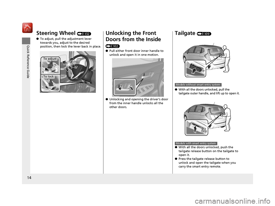 HONDA FIT 2017 3.G User Guide 14
Quick Reference Guide
Steering Wheel (P132)
â— To adjust, pull the adjustment lever
towards you, adjust to the desired
position, then lock the lever back in place.
To adjust
To lock
Unlocking th HONDA FIT 2017 3.G User Guide 14
Quick Reference Guide
Steering Wheel (P132)
â— To adjust, pull the adjustment lever
towards you, adjust to the desired
position, then lock the lever back in place.
To adjust
To lock
Unlocking th