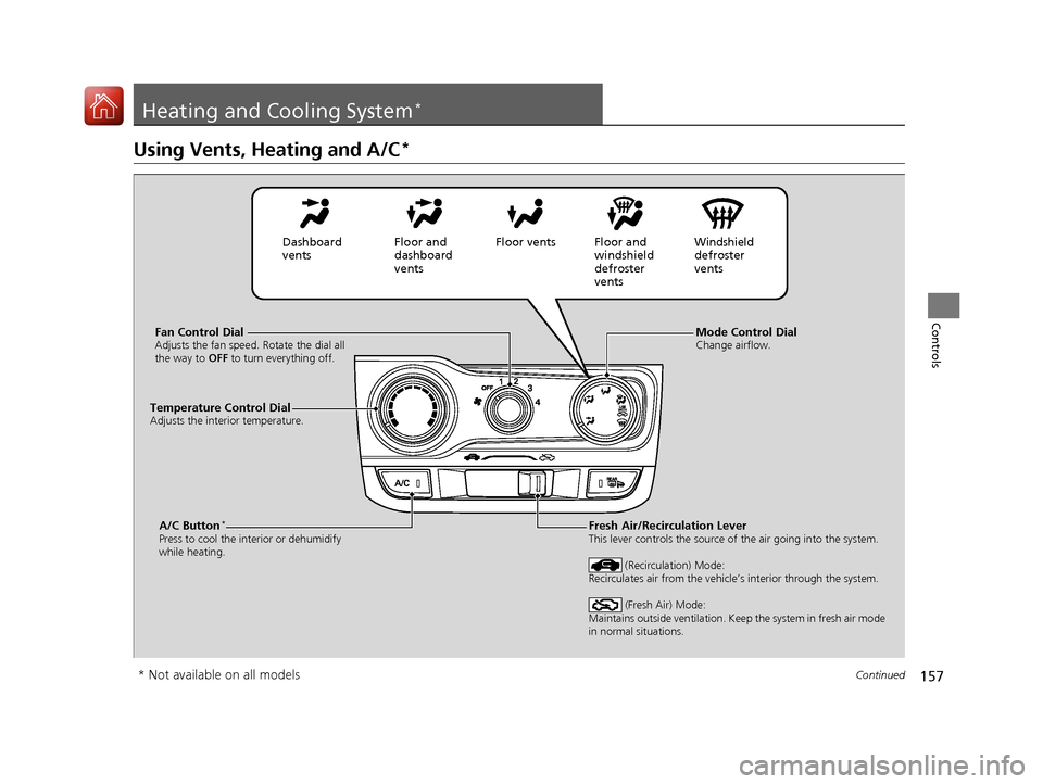 HONDA FIT 2017 3.G Owners Manual 157Continued
Controls
Heating and Cooling System*
Using Vents, Heating and A/C*
Mode Control DialChange airflow.Fan Control DialAdjusts the fan speed. Rotate the dial all
the way to OFF to turn every HONDA FIT 2017 3.G Owners Manual 157Continued
Controls
Heating and Cooling System*
Using Vents, Heating and A/C*
Mode Control DialChange airflow.Fan Control DialAdjusts the fan speed. Rotate the dial all
the way to OFF to turn every