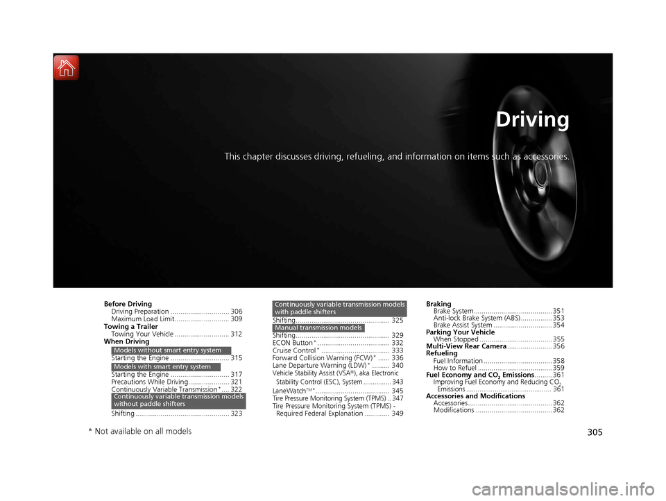 HONDA FIT 2017 3.G Owners Manual 305
Driving
This chapter discusses driving, refueling, and information on items such as accessories.
Before Driving
Driving Preparation .............................. 306
Maximum Load Limit.......... HONDA FIT 2017 3.G Owners Manual 305
Driving
This chapter discusses driving, refueling, and information on items such as accessories.
Before Driving
Driving Preparation .............................. 306
Maximum Load Limit..........