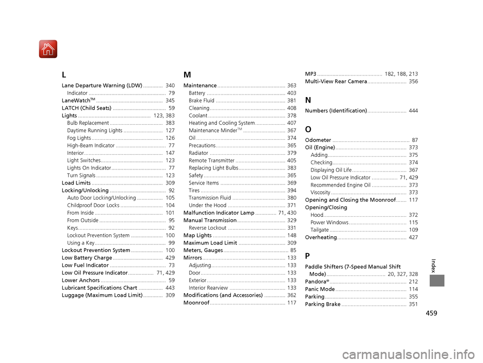 HONDA FIT 2017 3.G Owners Manual 459
Index
L
Lane Departure Warning (LDW).............  340
Indicator ...................................................  79
LaneWatch
TM............................................  345
LATCH (Child 