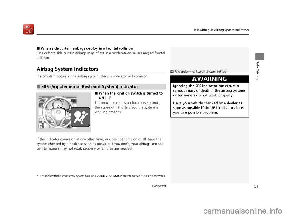 HONDA FIT 2017 3.G Owners Manual Continued51
uuAirbags uAirbag System Indicators
Safe Driving
■When side curtain airbags deploy in a frontal collision
One or both side curtain airb ags may inflate in a moderate-to-severe angled fro