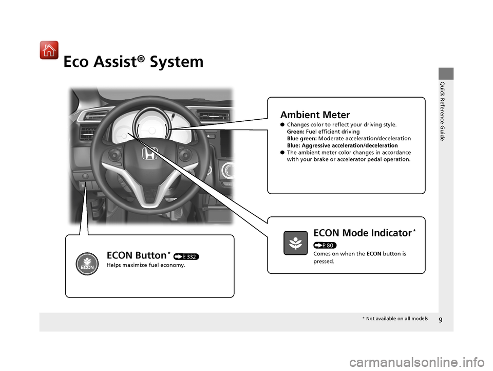 HONDA FIT 2017 3.G Owners Manual 9
Quick Reference Guide
Eco Assist® System
Ambient Meter
●Changes color to reflect your driving style.
Green: Fuel efficient driving
Blue green: Moderate acceleration/deceleration
Blue: Aggressive 