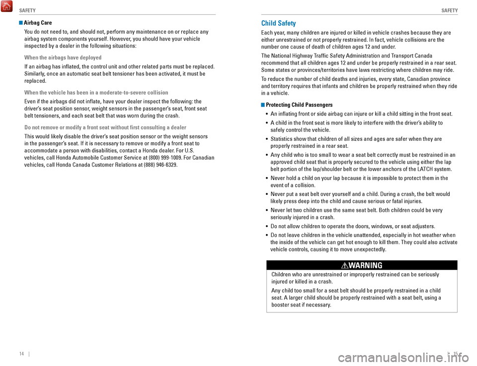 HONDA FIT 2017 3.G Quick Guide 14    ||    15
       S
AFETYSAFETY
 Airbag Care
You do not need to, and should not, perform any maintenance on or replace\
 any 
airbag system components yourself. However, you should have your vehic