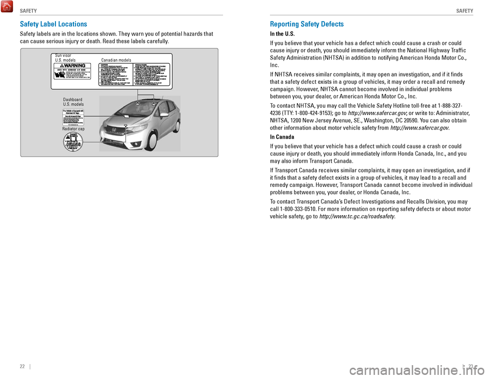 HONDA FIT 2017 3.G Quick Guide 22    ||    23
       S
AFETYSAFETY
Safety Label Locations
Safety labels are in the locations shown. They warn you of potential haz\
ards that 
can cause serious injury or death. Read these labels car