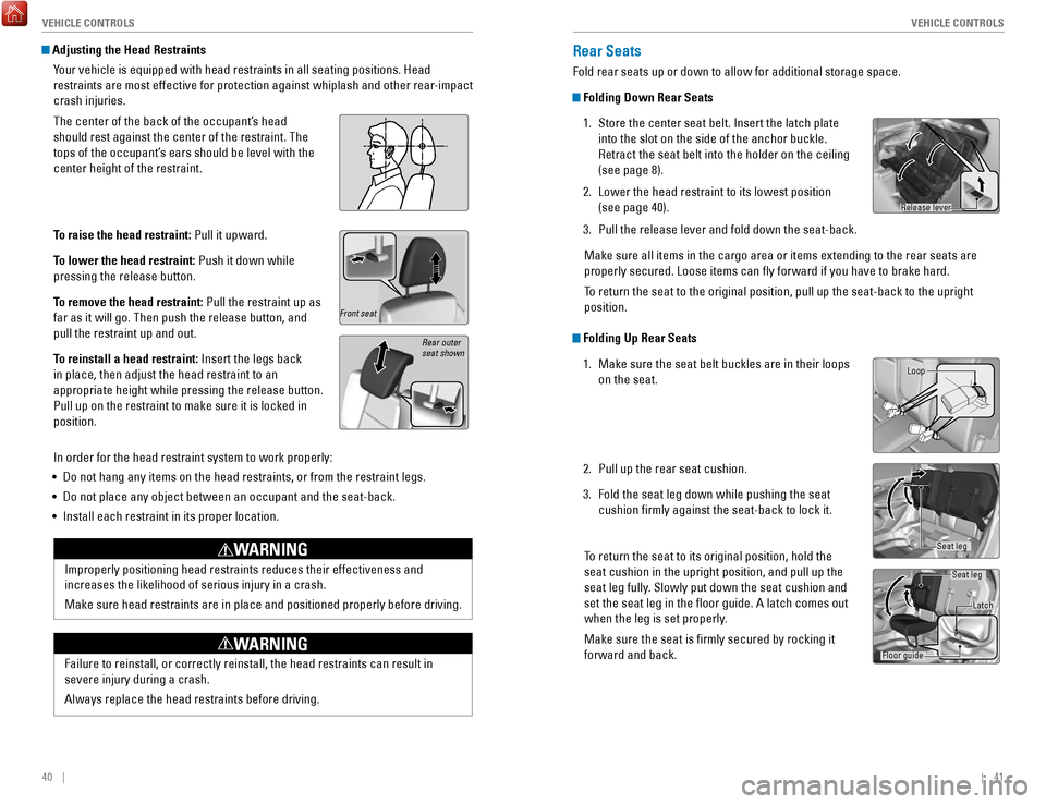 HONDA FIT 2017 3.G Quick Guide 40    ||    41
       V
EHICLE CONTROLSVEHICLE CONTROLS
Improperly positioning head restraints reduces their effectiveness and 
increases the likelihood of serious injury in a crash.
Make sure head re