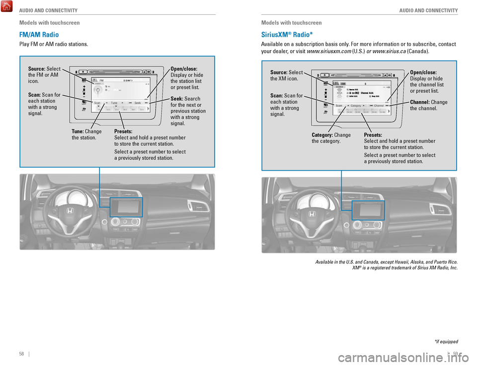 HONDA FIT 2017 3.G Quick Guide 58    ||    59
       AUDIO AND CONNECTIVITY
AUDIO AND CONNECTIVITY
Models with touchscreen
FM/AM Radio 
Play FM or AM radio stations.
VOL
HOME
MENU
BACK
Source: Select 
the FM or AM 
icon. Tune: Chan