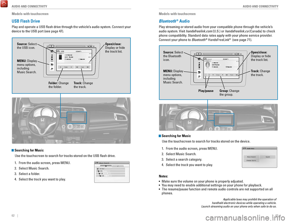 HONDA FIT 2017 3.G Quick Guide 62 || 63
AUDIO AND CONNECTIVITY
AUDIO AND CONNECTIVITY
Models with touchscreen
USB Flash Drive
Play and operate a USB flash drive through the vehicle’s audio system. Connect your
devic HONDA FIT 2017 3.G Quick Guide 62 || 63
AUDIO AND CONNECTIVITY
AUDIO AND CONNECTIVITY
Models with touchscreen
USB Flash Drive
Play and operate a USB flash drive through the vehicle’s audio system. Connect your
devic