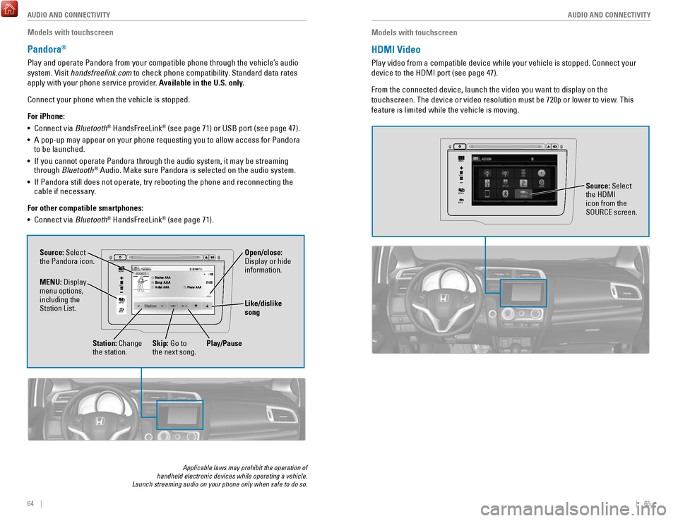 HONDA FIT 2017 3.G Quick Guide 64    ||    65
       AUDIO AND CONNECTIVITY
AUDIO AND CONNECTIVITY
Models with touchscreen
Pandora® 
Play and operate Pandora from your compatible phone through the vehicle’\
s audio 
system. Visi