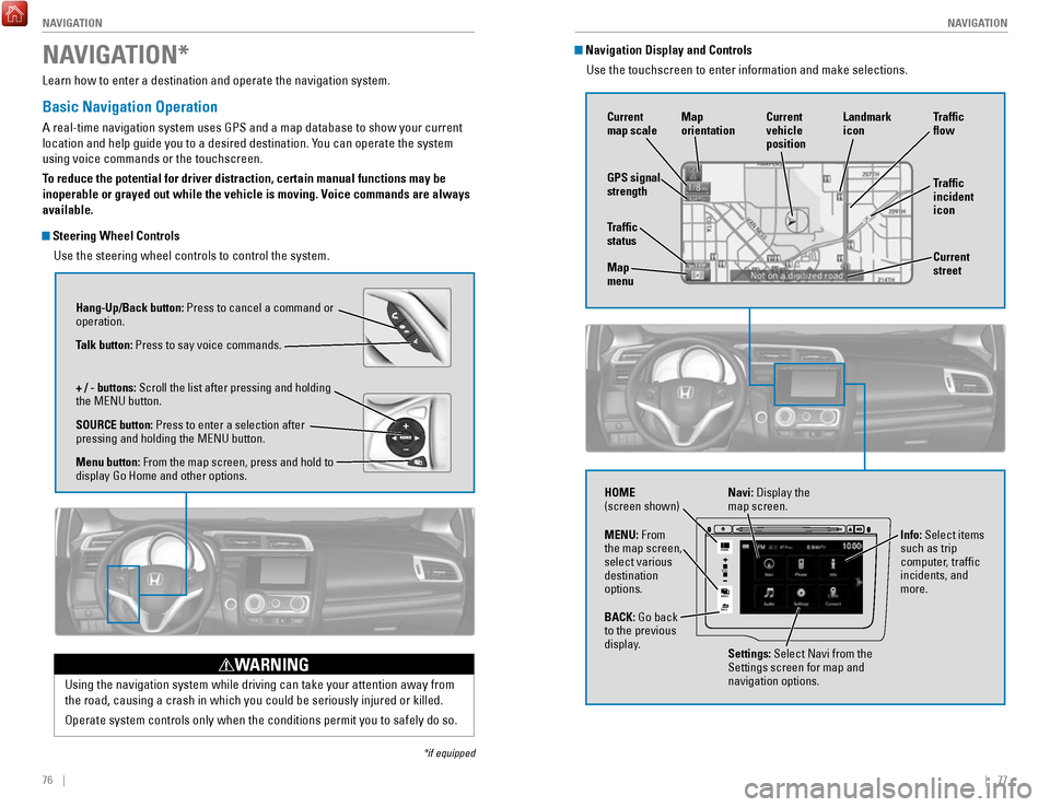 HONDA FIT 2017 3.G Quick Guide 76 || 77
NAVIGATION
NAVIGATION
Learn how to enter a destination and operate the navigation system.
Basic Navigation Operation
A real-time navigation system uses GPS and a map database to HONDA FIT 2017 3.G Quick Guide 76 || 77
NAVIGATION
NAVIGATION
Learn how to enter a destination and operate the navigation system.
Basic Navigation Operation
A real-time navigation system uses GPS and a map database to