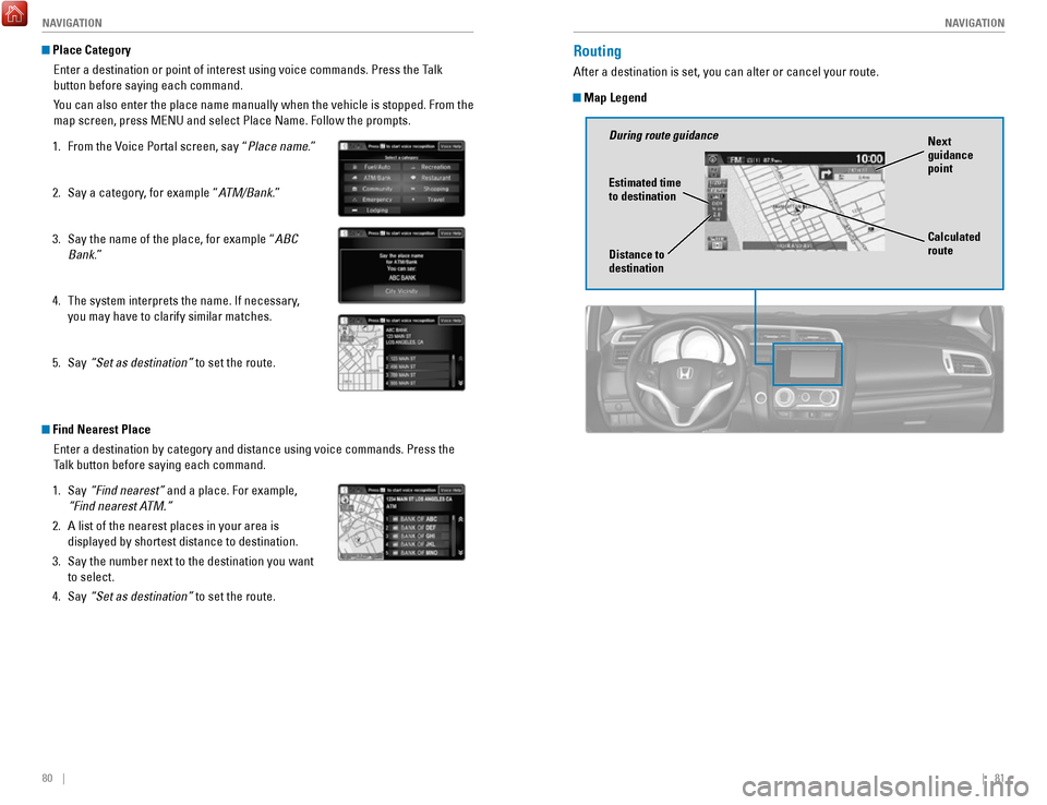 HONDA FIT 2017 3.G Quick Guide 80    ||    81
       NAVIGATION
NAVIGATION
 Place Category
Enter a destination or point of interest using voice commands. Press the\
 Talk 
button before saying each command.
You can also enter the p